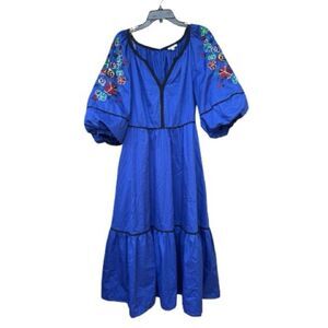 Tyler Böe Embroidered Maxi Dress Blue Cotton Puff Sleeve Large Tiered Pockets